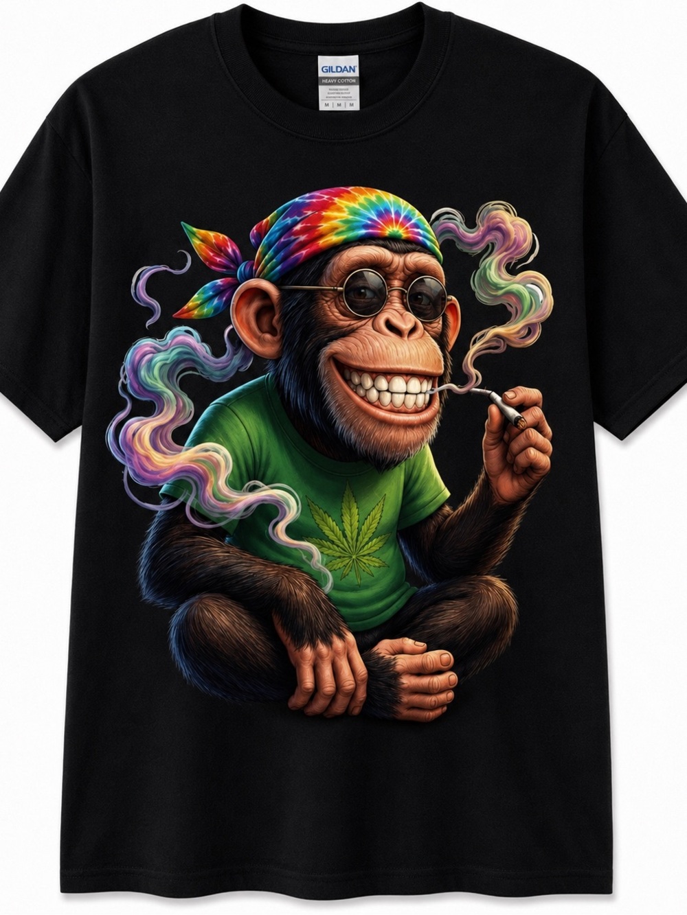 Gildan Black Tee with Rainbow Bandana Chimp and Green Leaf Shirt